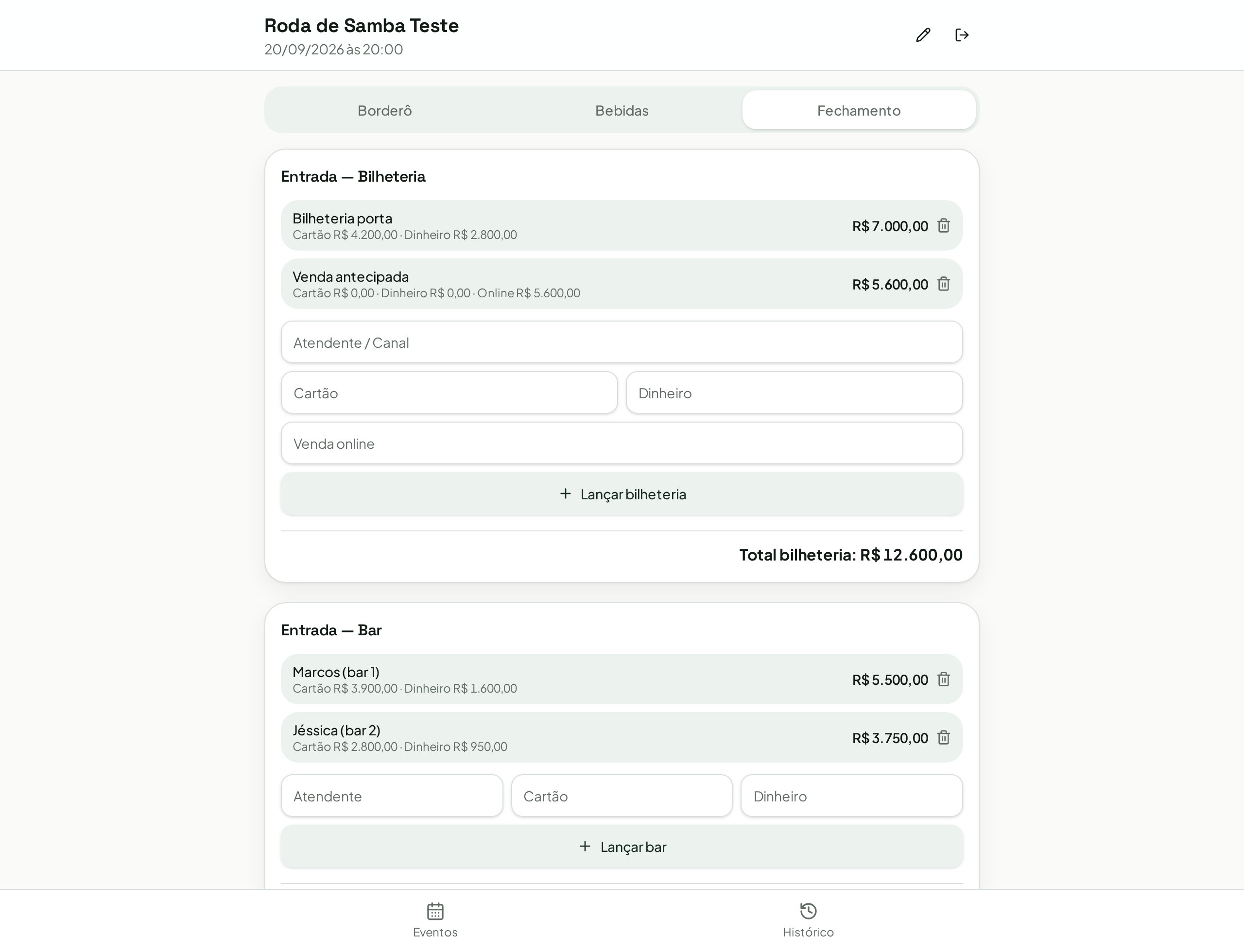 Tela de fechamento com lucro líquido e divisão entre sócios